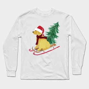 Goldendoodle Christmas Sled Bringing Home The Tree Long Sleeve T-Shirt